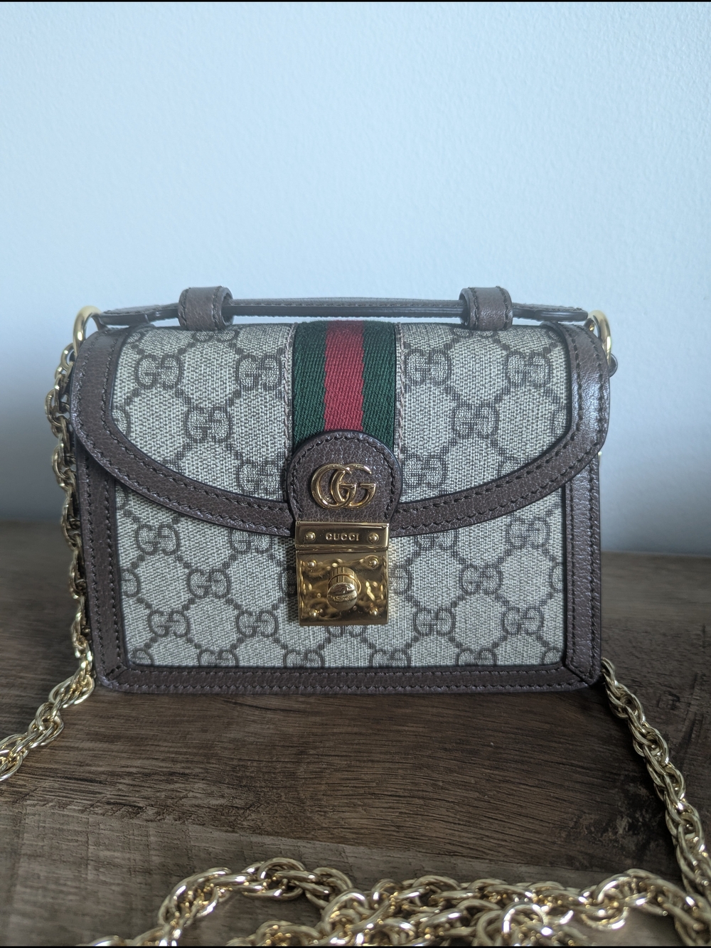 Gucci GG Ophidia Top Handle Mini Chain Shoulder Bag in Beige/Green/Red - Picture 3 of 16